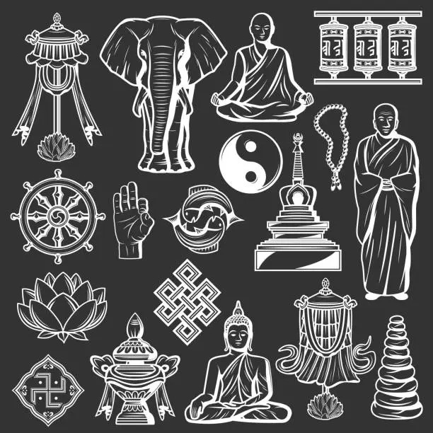 Vector illustration of Buddhism religion and culture icons, spirituality