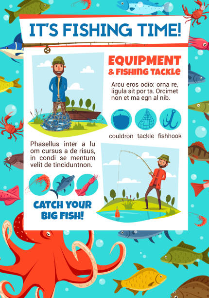 ilustrações, clipart, desenhos animados e ícones de convite da competição da pesca com fisher e tackle - fishing hook catch of fish fishing fishing tackle