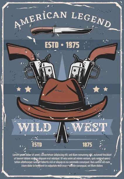 Vector illustration of Wild West sheriff or western cowboy guns and hat