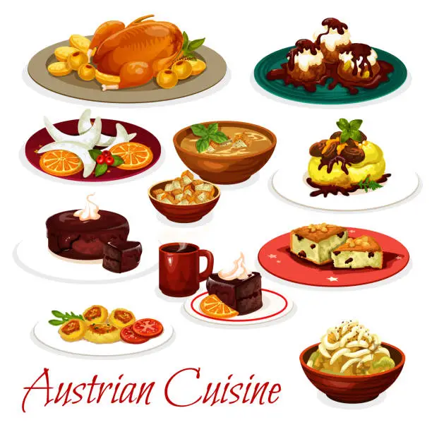 Vector illustration of Austrian cuisine meat dishes and chocolate cakes