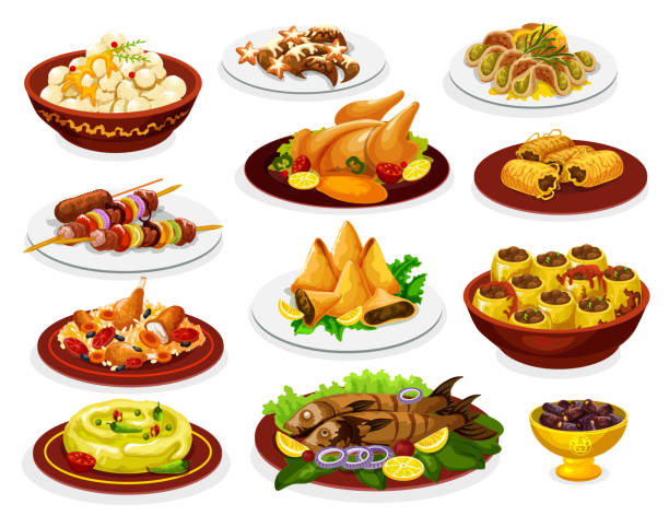 Ramadan iftar dishes with meat, fish and desserts Ramadan food of iftar party meal with arabian dishes. Vector chicken biryani, dates and rice pilaf, crescent moon cookie, kebab and samosa, hummus, grilled fish and baklava, zucchini and dumplings fruit of islam stock illustrations