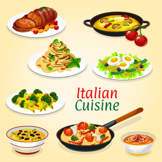 ilustrações de stock, clip art, desenhos animados e ícones de italian dishes of pasta, meat, fish and vegetables - basil tomato soup food and drink