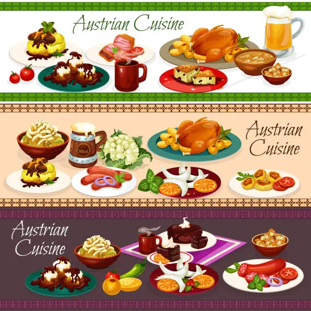 Vector illustration of Austrian meat dishes, beer drink and desserts