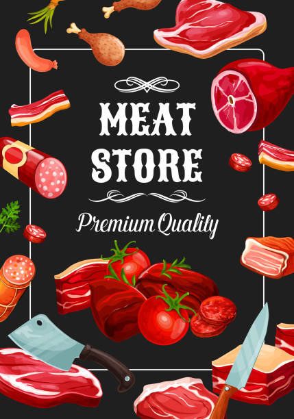 kiełbasy z mięsa, delikatesy mięsne - butchers shop meat sausage store stock illustrations