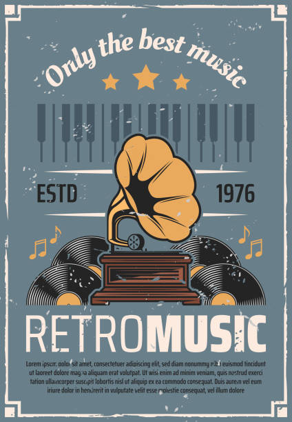 Retro music vintage vinyl gramophone Retro music vintage vinyl record gramophone or phonograph with piano notes. Vector retro radio station or live jazz and swing music party swing dancing stock illustrations