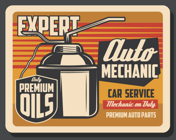 Motor oil can pourer retro poster of car repair service, auto mechanic garage and engine lubricant change shop. Vintage oil can vector signboard design of engine lubrication system diagnostics