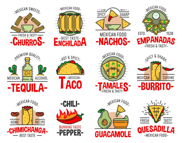 ilustraciones, imágenes clip art, dibujos animados e iconos de stock de burrito de comida rápida mexicana, nachos y tequila - guacamole restaurant mexican cuisine avocado