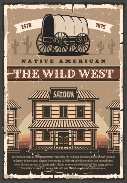 illustrations, cliparts, dessins animés et icônes de saloon et chariot américain de wild west, affiche rétro - saloon