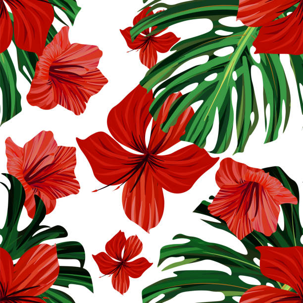 Hibiscus seamless pattern. Palm leaf. Flower background Hibiscus seamless pattern. Palm leaf. Flower background. california fuchsia stock illustrations