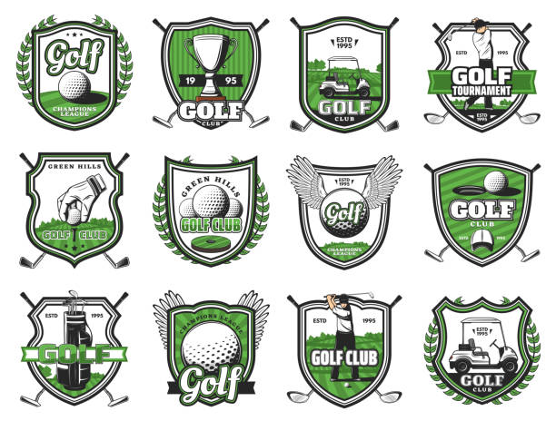 ilustrações de stock, clip art, desenhos animados e ícones de golf club badges, championship heraldic icons - crown black banner white
