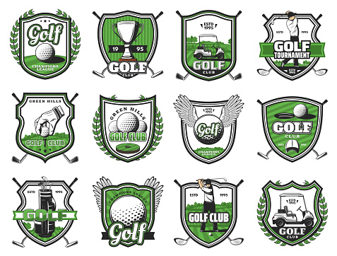 Golf club badges of ball with wing, champion cup and golf cart. Vector golf sport championship heraldic icons of club and player on tee course