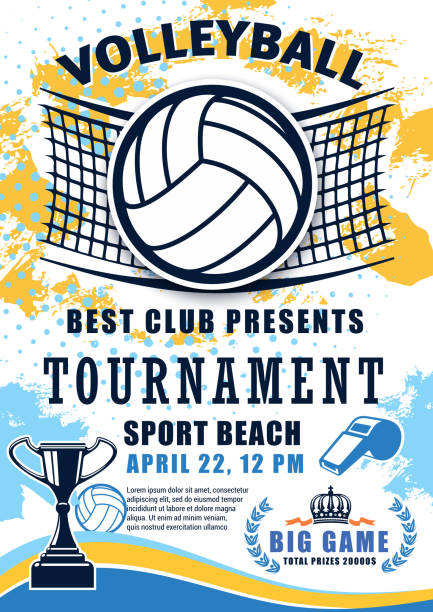 Volleyball sport league cup tournament Volleyball sport match tournament poster. Vector volleyball championship or sport league cup competition and victory cup on halftone background volleyball stock illustrations