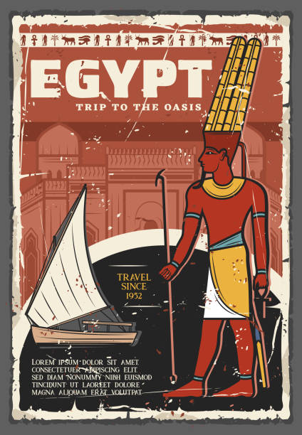 Egypt travel and tourist tours on Nile vintage poster. Vector travel agency trips, ancient Egyptian pharaoh and felucca boat, Egypt historic landmarks and sightseeings