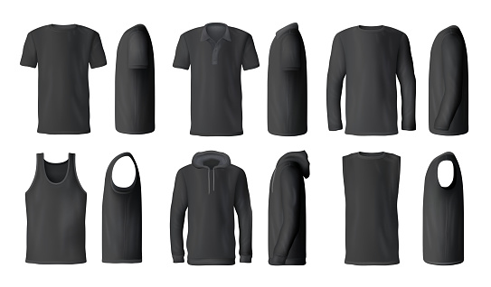 Man t-shirts, sport tank tops or hoodies and casual polo shirts mockup models. Vector isolated black menswear apparel, realistic blank front, back and side view set for brand promo