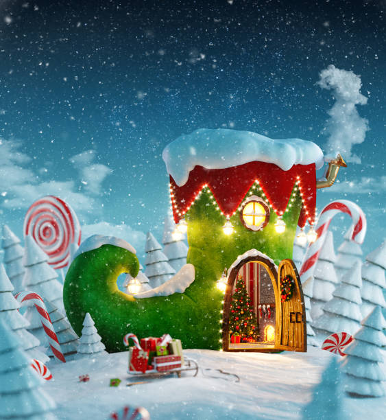 Amazing fairy house Amazing fairy house decorated at christmas in shape of elfs shoe with opened door and fireplace inside in magical forest. Unusual christmas 3d illustration postcard. candy house stock pictures, royalty-free photos & images