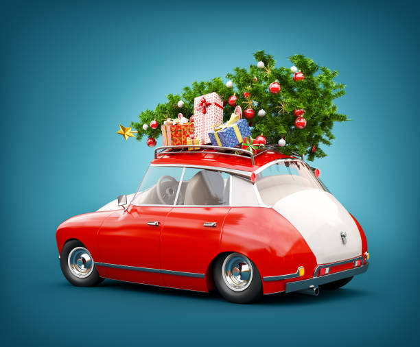 istock Red Santa's car with gift boxes and christmas tree on the top 1174759918