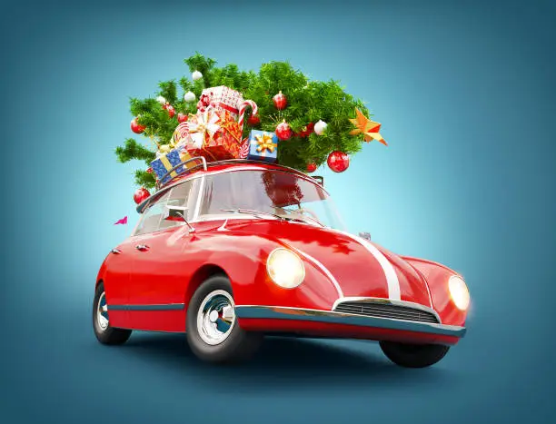 Photo of Red Santa's car with gift boxes and christmas tree on the top