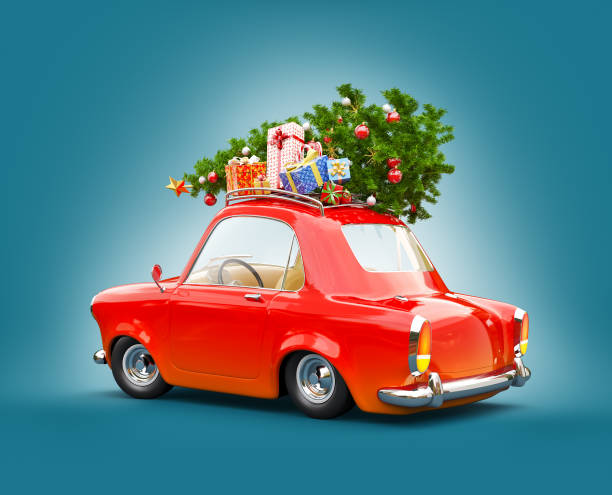 istock Red Santa's car with gift boxes and christmas tree on the top 1174759938