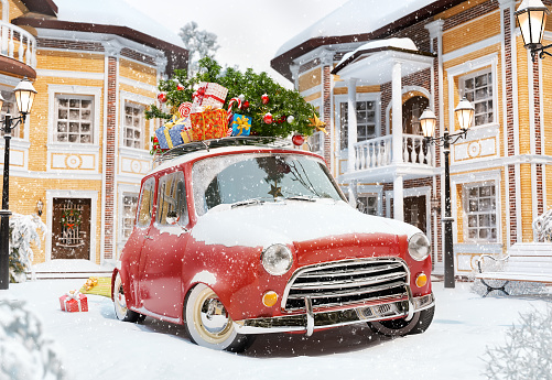 Amazing funny retro car with christmas tree and gift boxes on the roof in the cute city. Unusual christmas illustration