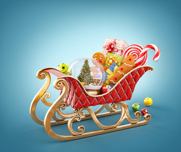 Unusual 3D illustration of red christmas sleigh stock photo
