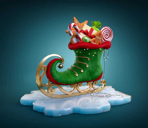 Magical elf skate full of christmas gifts and sweets. stock photo