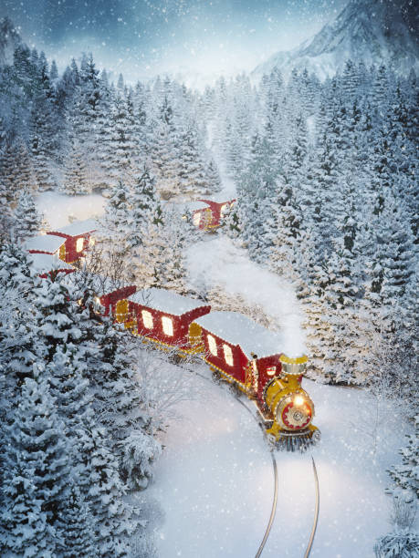 erstaunlich niedlichen weihnachtszug - locomotive steam train train snow stock-fotos und bilder