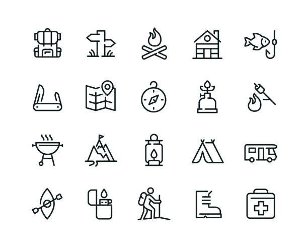 minimales camping-symbol-set - bearbeitbarer strich - camping stock-grafiken, -clipart, -cartoons und -symbole