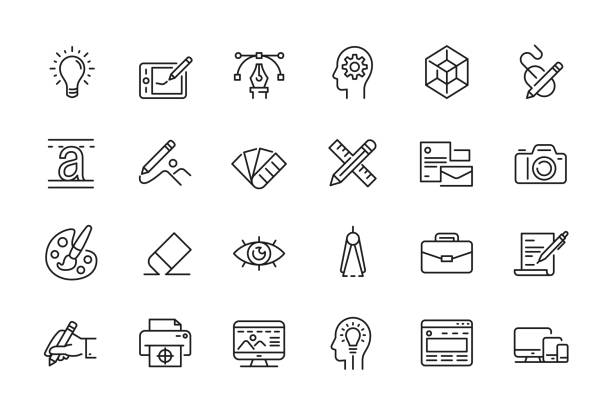 illustrazioni stock, clip art, cartoni animati e icone di tendenza di set di icone relativo alla progettazione grafica minima - tratto modificabile - creativity