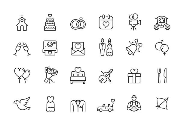 minimalny zestaw ikon ślubnych - edytowalny obrys - tort weselny stock illustrations