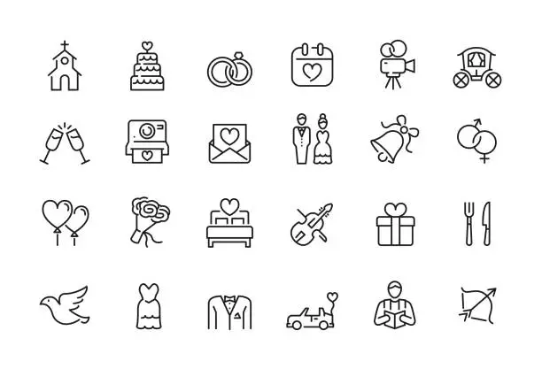 Vector illustration of Minimal wedding icon set - Editable stroke