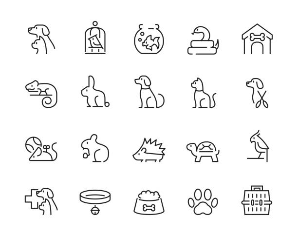 ilustraciones, imágenes clip art, dibujos animados e iconos de stock de conjunto mínimo de iconos de mascota de línea delgada - trazo editable - dog