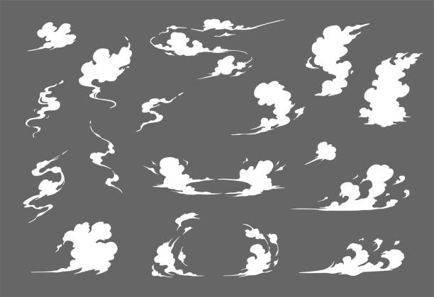 ilustraciones, imágenes clip art, dibujos animados e iconos de stock de conjunto de ilustraciones de humo para la plantilla de efectos especiales. nubes de vapor, niebla, humo, niebla, polvo o vapor - air emissions