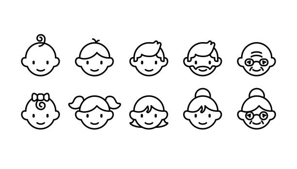ilustraciones, imágenes clip art, dibujos animados e iconos de stock de conjunto de iconos de diferentes grupos de edad de personas desde bebé a anciano (estilo de arte simple lindo) - imagenes de tias buenas