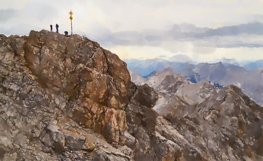 watercolor illustration: Zugspitze summit with the gold-plated summit cross and three mountaineers in the vicinity of the German Alps
