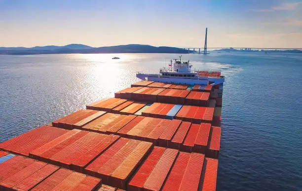 Vladivostok, Primorsky kray. Container ship at anchor in port vladivostok roadstead