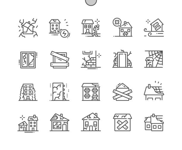 ilustraciones, imágenes clip art, dibujos animados e iconos de stock de casas abandonadas píxel perfect vector thin line icons 30 2x grid para gráficos web y aplicaciones. pictograma mínimo simple - old house