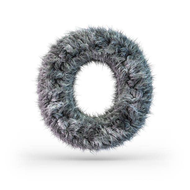 Uppercase fluffy and furry gray font. Letter O. 3D rendering