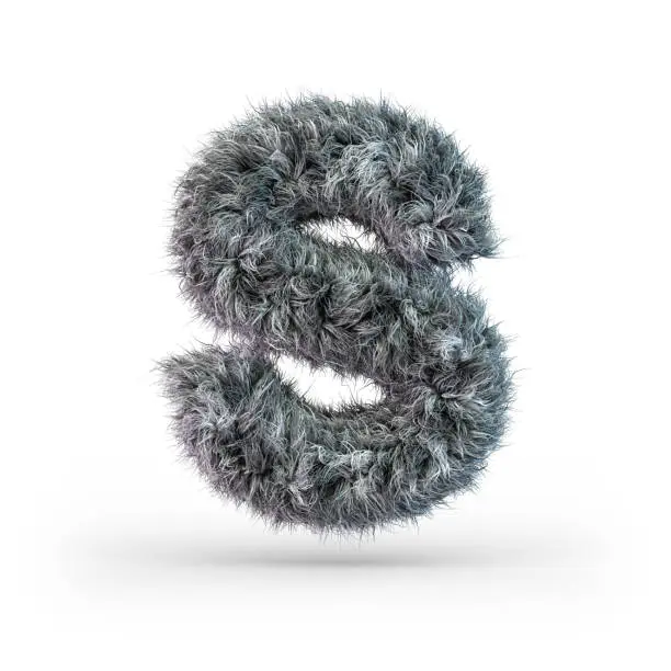Uppercase fluffy and furry gray font. Letter S. 3D rendering