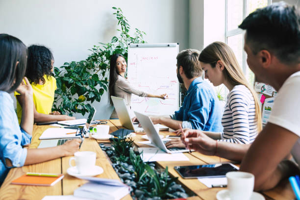istock Successful confident modern young business man conducting a business presentation while standing in the board room. Start up team in co-working office. 1174766481