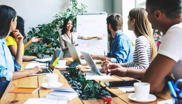 istock Successful confident modern young business man conducting a business presentation while standing in the board room. Start up team in co-working office. 1174766499