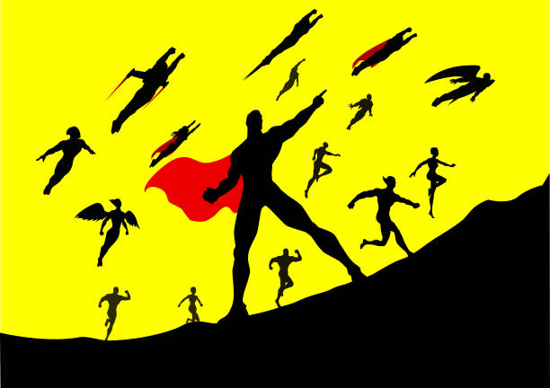 Vector Superhero Team Running to Attack Silhouette A silhouette style vector illustration of a team of superheroes running to attack. Easy to edit. Wide space available for your copy. rocketship silhouettes stock illustrations