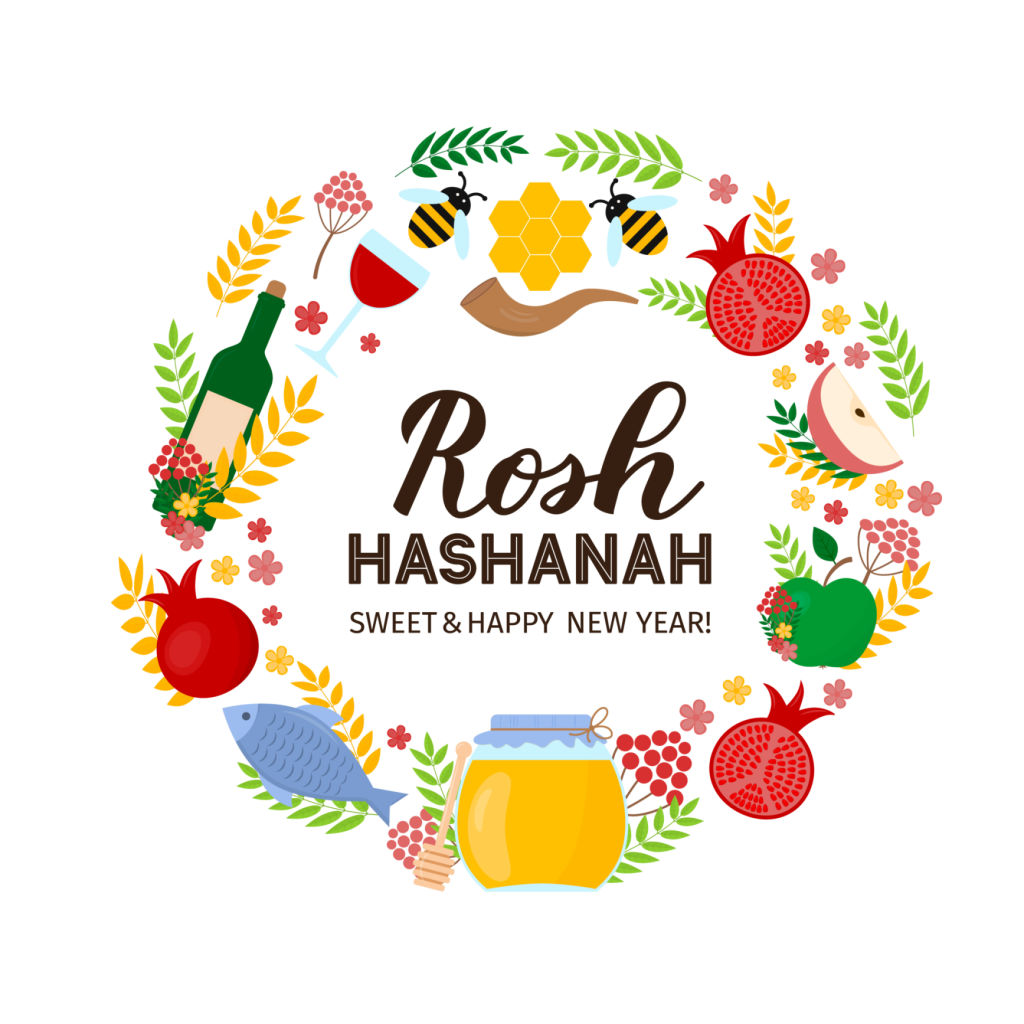 Rosh Hashanah (Jewish New Year) lettering with traditional symbols: jar of honey, pomegranate, apple, etc. Easy to edit vector template for banner, typography poster, greeting card, invitation, flyer.