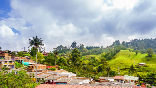 Panoramic view on cityscape of colonial old town of Salento in Colombia Panoramic view on cityscape of Salento in Colombia bolivian andes photos stock pictures, royalty-free photos & images