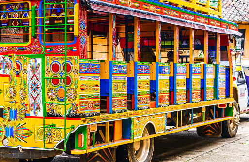 View on typical colorful chicken bus near Jerico, Antioquia, Colombia, South America