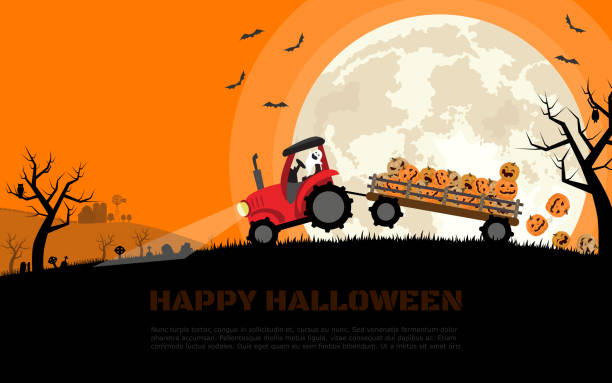 traktor przewożący uśmiechnięte halloweenowe dynie w przyczepie z tłem cmentarza, farmy i pełni księżyca. płaska ilustracja wektorowa z kreskówek. - vehicle trailer illustrations stock illustrations