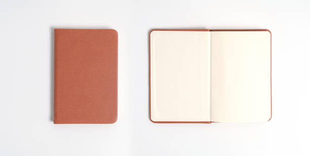 istock top view blank orange leather diary on white desk 1174774365
