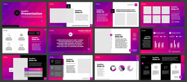 Presentation template set vector Presentation templates elements on a gradient pink & Purple background. Decorate with black & white icons graphic. Vector infographics. Use in Presentation, flyer and leaflet, corporate report, marketing, advertising, annual report, banner. powerpoint template stock illustrations