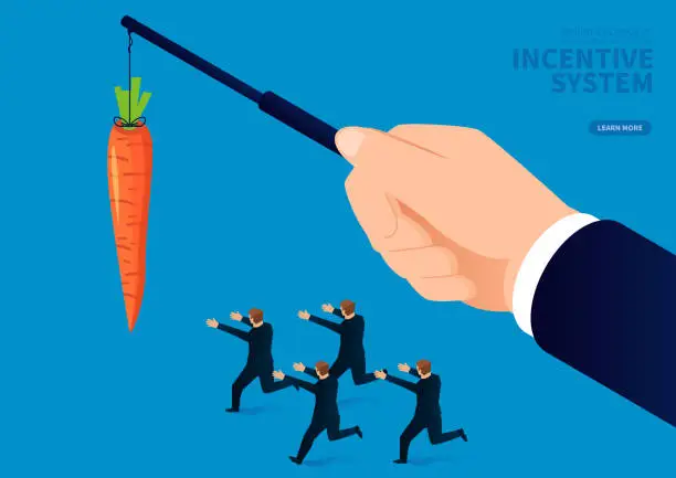 Vector illustration of Incentive system, businessman chasing carrots in the hands of giants