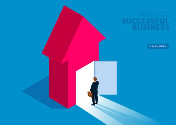 Vector illustration of Successful business, businessman standing in front of open door