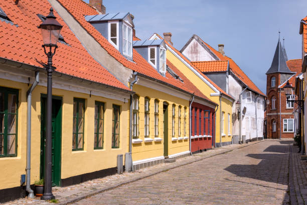 Panoramic view into the small lanes of the idyllic town Ribe Panoramic view into the small lanes of the idyllic town Ribe in the south of Denmark. ribe town photos stock pictures, royalty-free photos & images